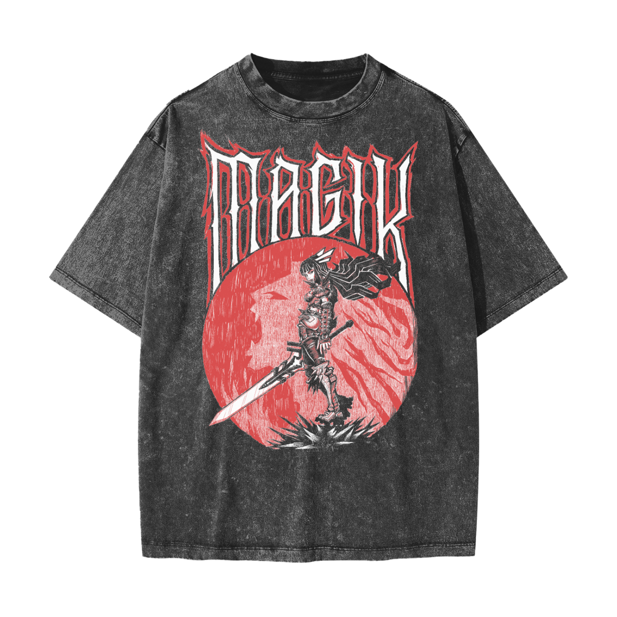A dark gray acid-wash graphic t-shirt featuring a large red and white print of the "X-Men" Magik on a red sun with the word 'MAGIK' in stylized white and red lettering.